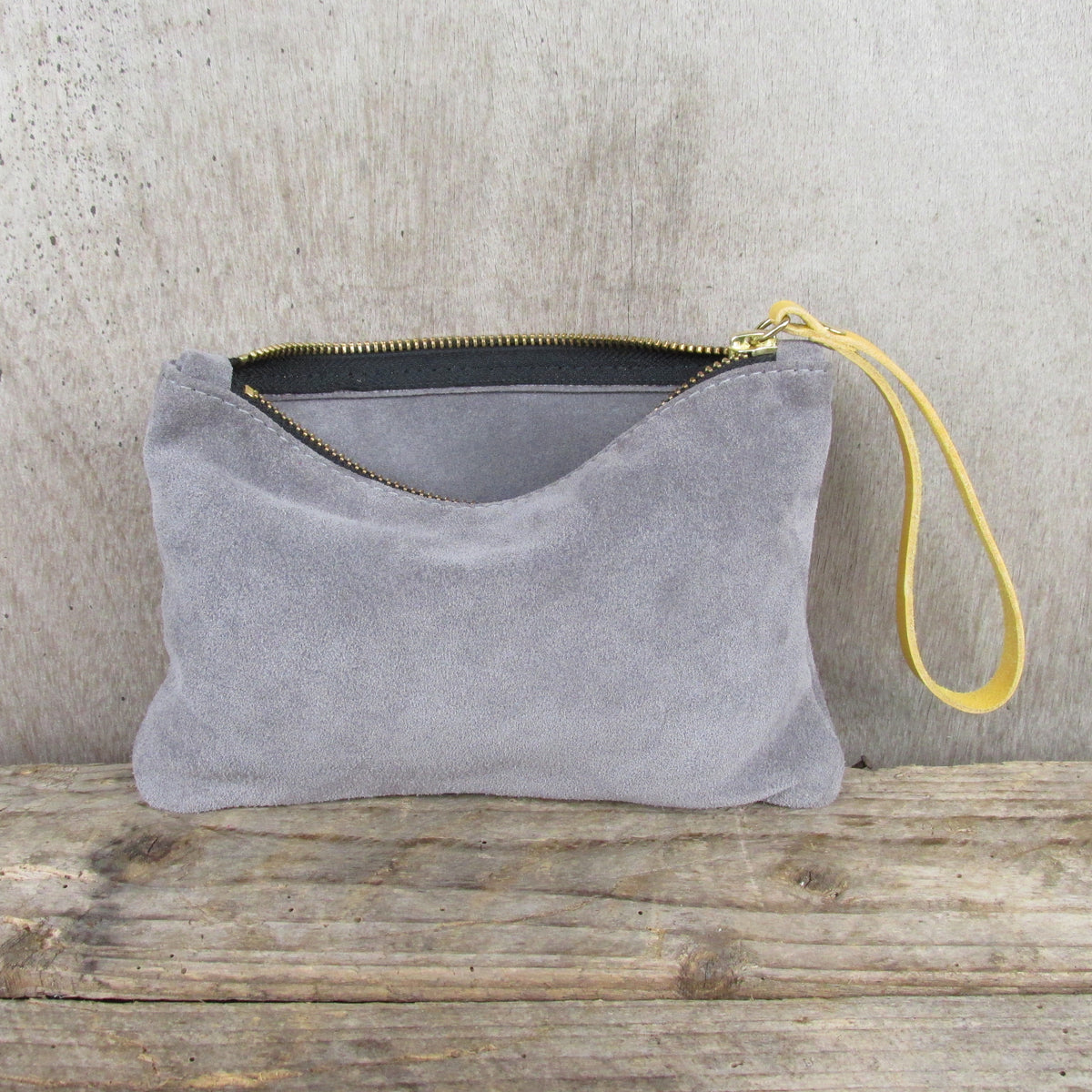 Light grey outlet suede clutch bag