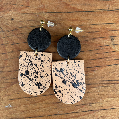 Two-Tone Black & Natural Hand Painted Leather Statement Earrings