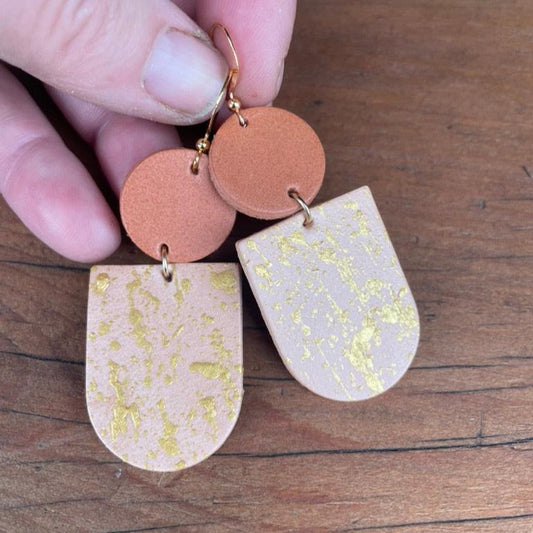 Two-Tone Light Tan & Natural Hand Painted Leather Statement Earrings