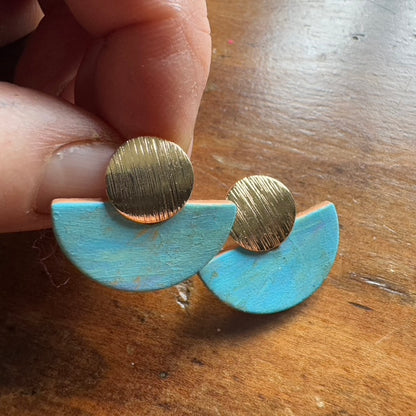 Hand Painted Luna Leather Earrings - Light Blue with Gold