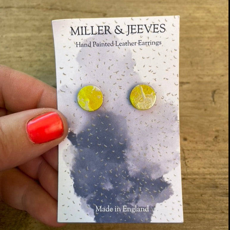 Hand-painted Leather Earrings with Stud Fastening - Neon Yellow/Silver