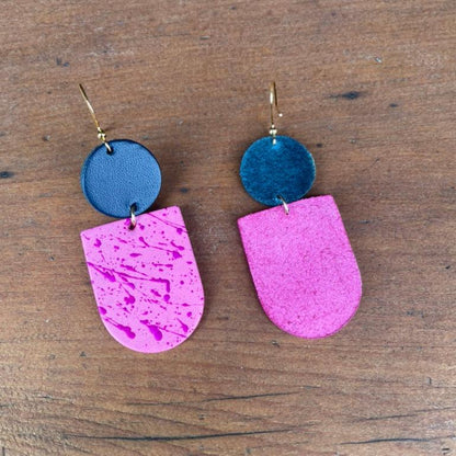 Two-Tone Petrol & Pink Hand Painted Leather Statement Earrings