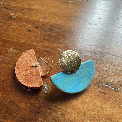 Hand Painted Luna Leather Earrings - Light Blue with Gold