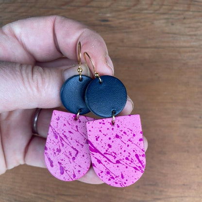 Two-Tone Black & Natural Hand Painted Leather Statement Earrings