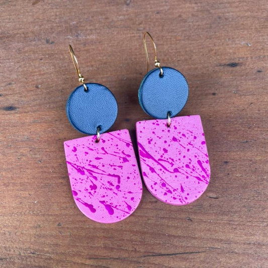 Two-Tone Petrol & Pink Hand Painted Leather Statement Earrings