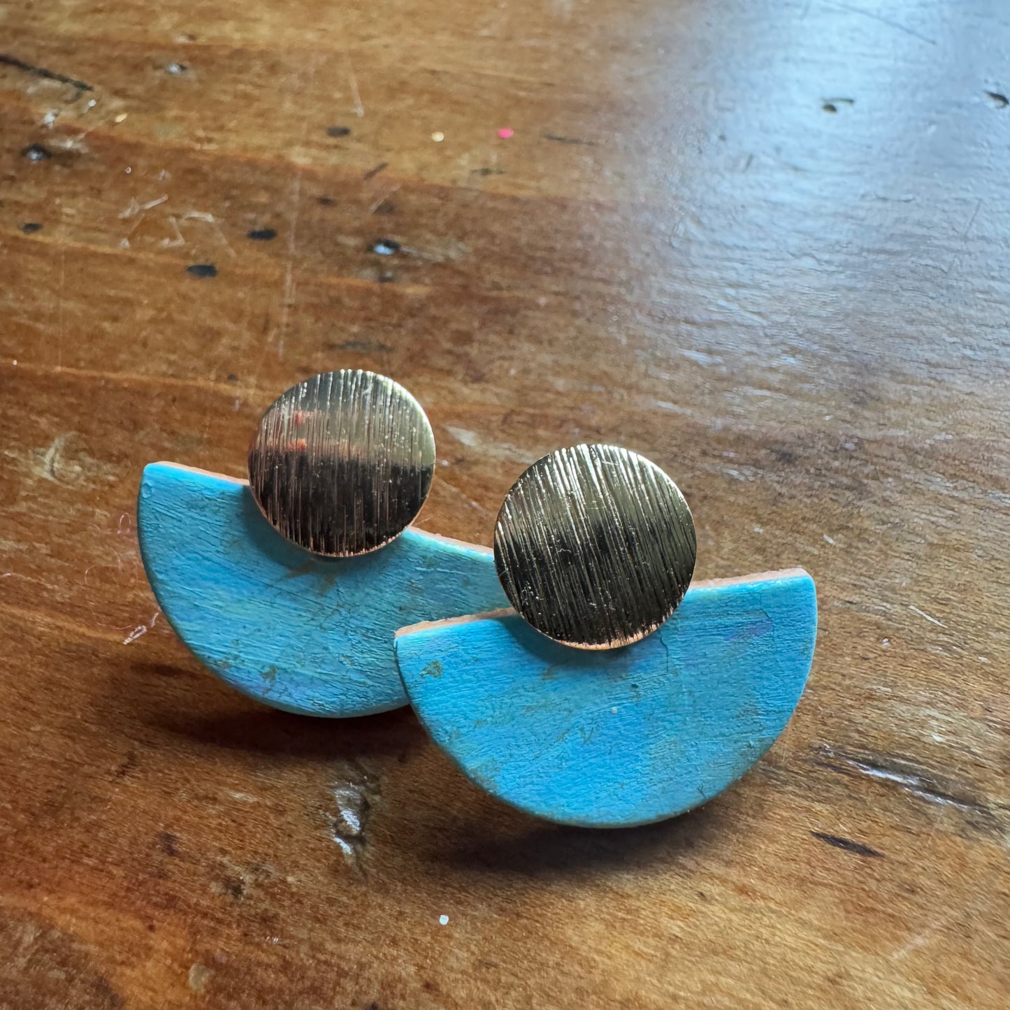 Hand Painted Luna Leather Earrings - Light Blue with Gold