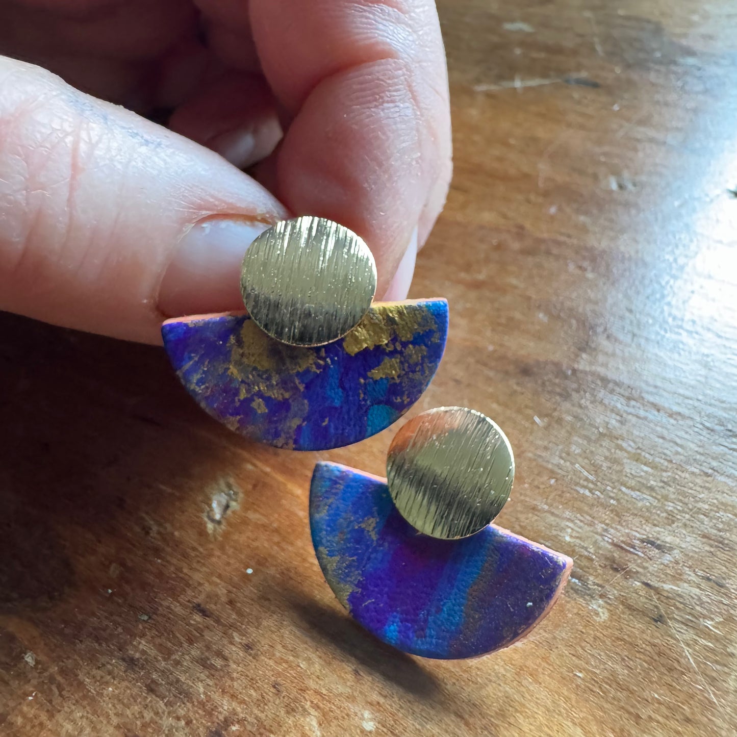 Hand Painted Luna Leather Earrings - Purple/Blue/Gold