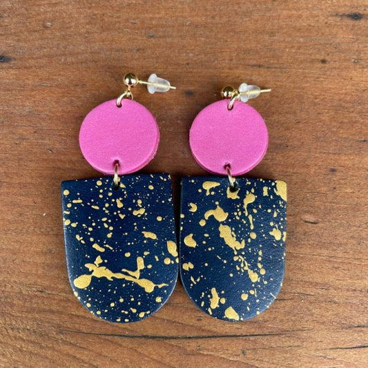 Two-Tone Pink & Petrol Hand Painted Leather Statement Earrings