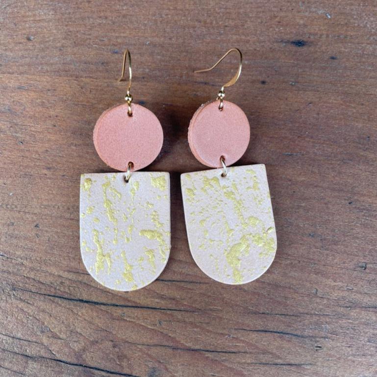 Two-Tone Light Tan & Natural Hand Painted Leather Statement Earrings